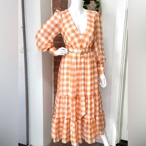 Peal + Sea Time Of Fairytales Orange White Gingham Belted Midi Dress Size M